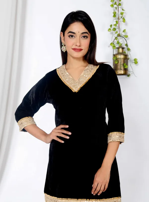 Black_Velvet_Embroidered_Kurti_With_Pant_Set_For_Women