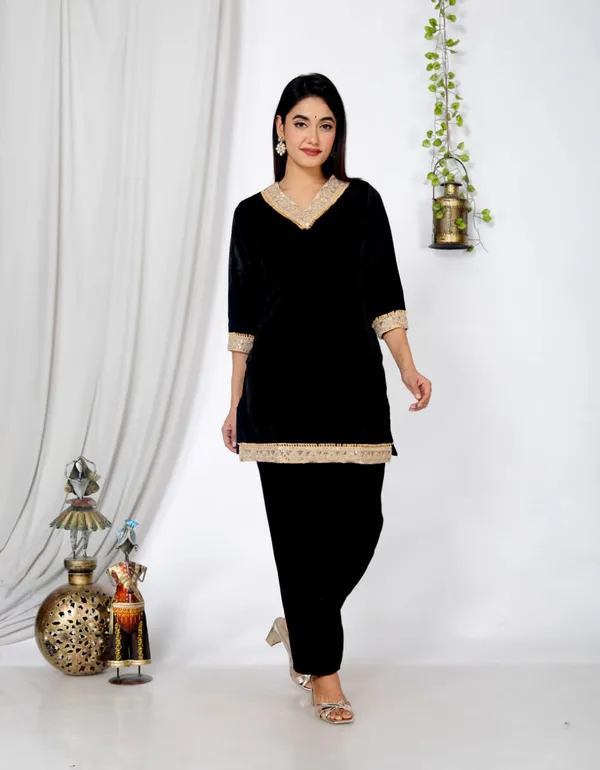 Black_Velvet_Embroidered_Kurti_With_Pant_Set_For_Women