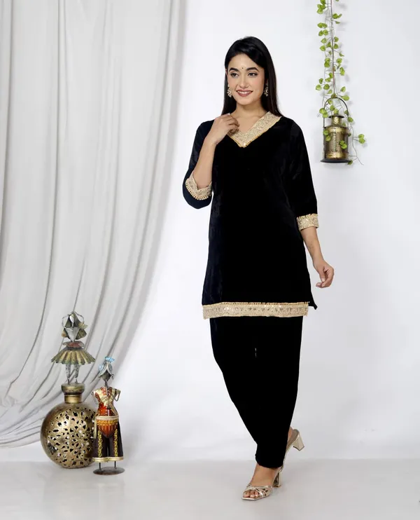 Black_Velvet_Embroidered_Kurti_With_Pant_Set_For_Women