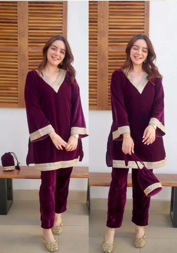 Wine_Velvet_Straight_Short_Kurta_With_Pant_For_Women