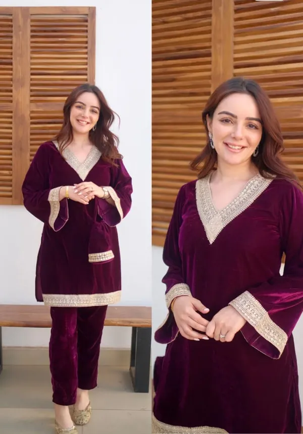 Wine_Velvet_Straight_Short_Kurta_With_Pant_For_Women