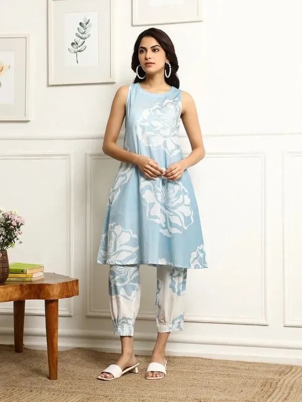 Sky_Blue_Cotton_Kurti_With_Afgani_Pant_For_Women