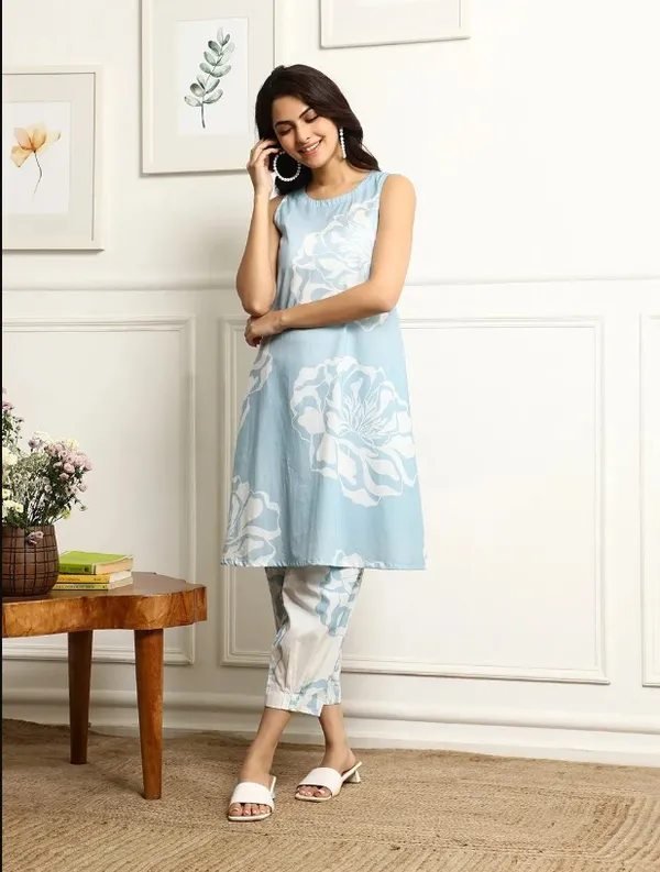 Sky_Blue_Cotton_Kurti_With_Afgani_Pant_For_Women