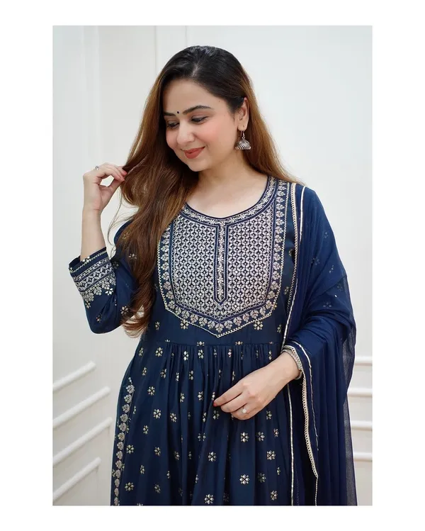 Blue_Rayon_Naira_Cut_Kurta_Pant_Dupatta_Set_For_Women