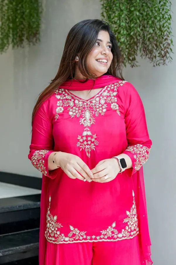 Pink_Chanderi_Handwork_Short_Kurta_Palazzo_Dupatta_Set_For_Women