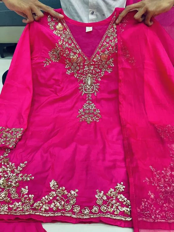 Pink_Chanderi_Handwork_Short_Kurta_Palazzo_Dupatta_Set_For_Women
