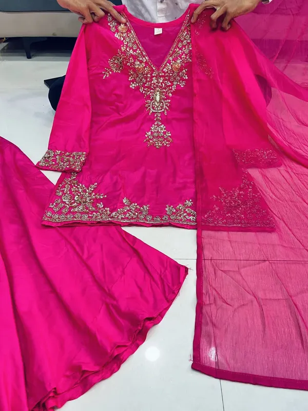 Pink_Chanderi_Handwork_Short_Kurta_Palazzo_Dupatta_Set_For_Women