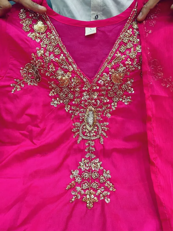 Pink_Chanderi_Handwork_Short_Kurta_Palazzo_Dupatta_Set_For_Women