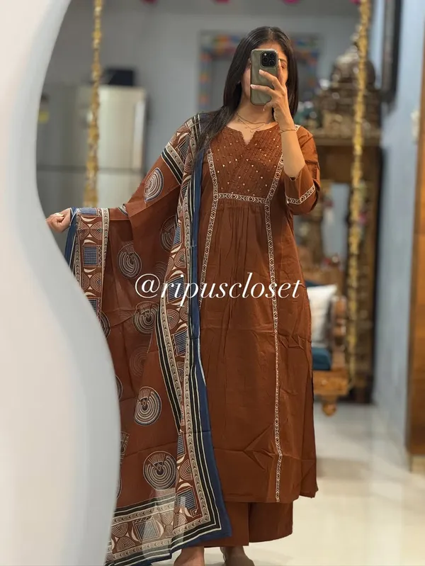 Brown_Cotton_Embroidered_Kurti_With_Pant_Set_For_Women