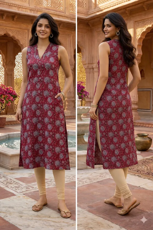 Pink_Cotton_Sleeveless_V_Neck_Kurti_With_Pocket_For_Women