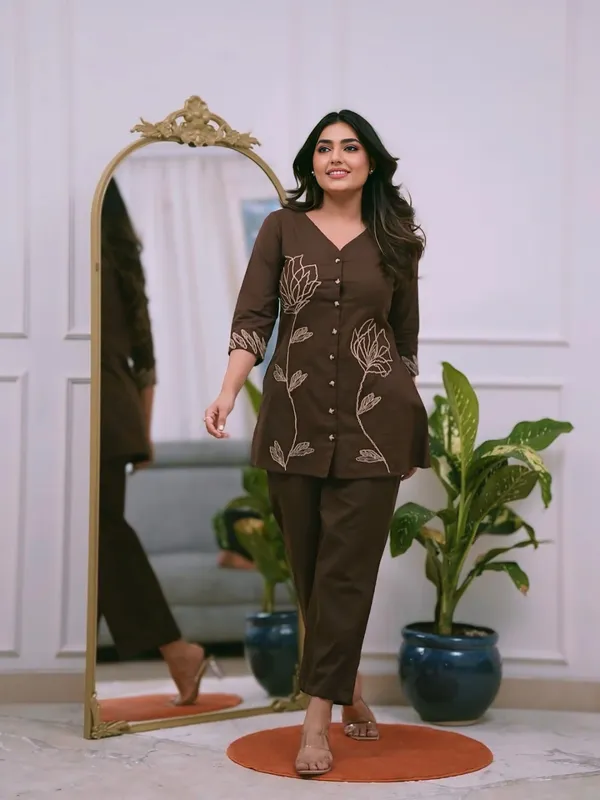 Brown_Cotton_Straight_Fit_Embroidered_Kurti_Pant_Cord_Set_For_Women