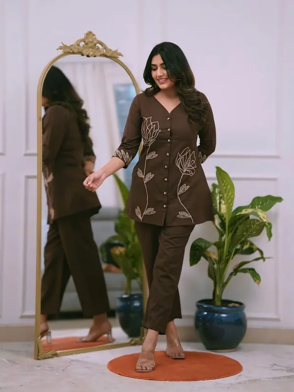 Brown_Cotton_Straight_Fit_Embroidered_Kurti_Pant_Cord_Set_For_Women