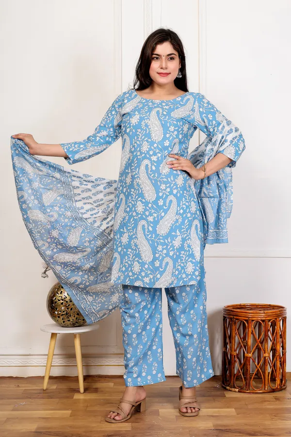 Sky_Blue_Rayon_Straight_3/4_Sleeve_Kurta_Pant_Dupatta_Set_For_Women