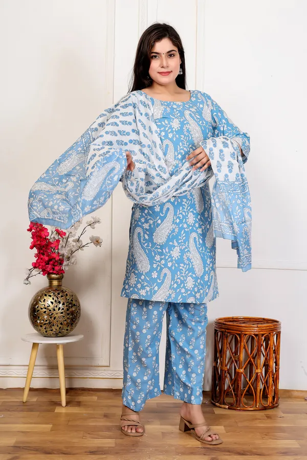 Sky_Blue_Rayon_Straight_3/4_Sleeve_Kurta_Pant_Dupatta_Set_For_Women