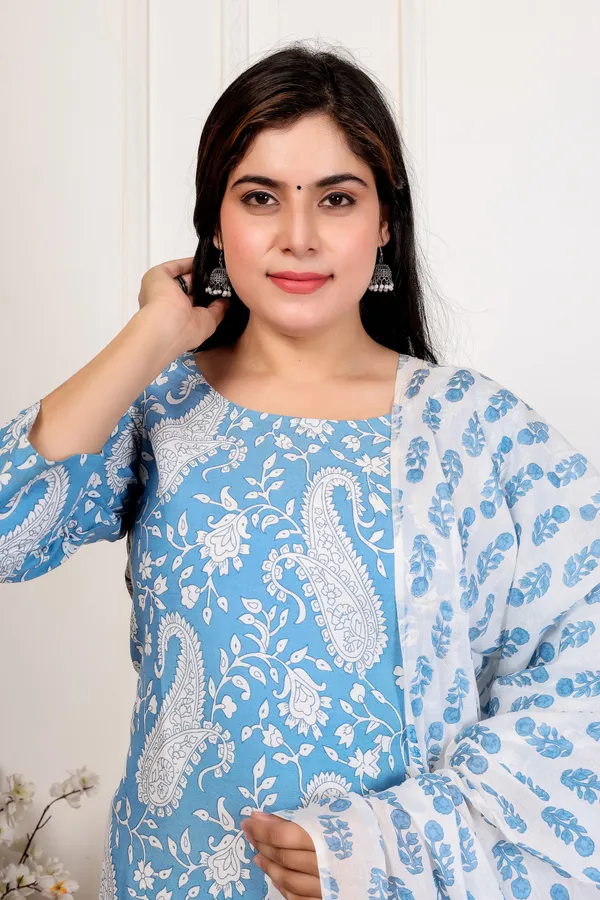 Sky_Blue_Rayon_Straight_3/4_Sleeve_Kurta_Pant_Dupatta_Set_For_Women