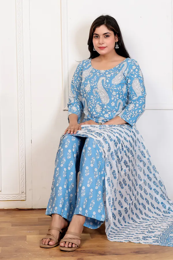 Sky_Blue_Rayon_Straight_3/4_Sleeve_Kurta_Pant_Dupatta_Set_For_Women