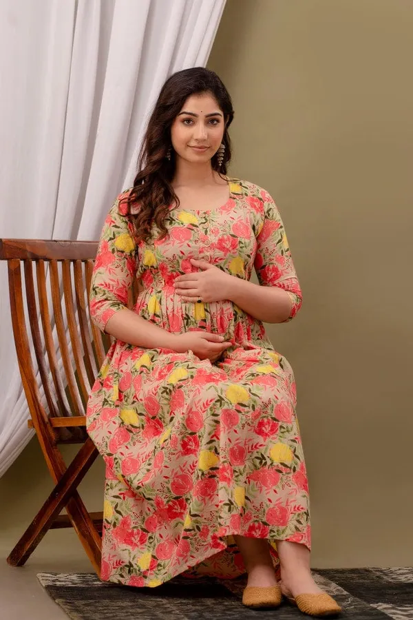 Beige_Cotton_Floral_Maternity_Gown_For_Women