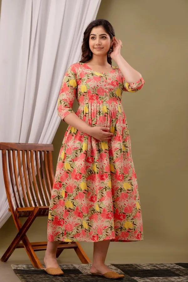 Beige_Cotton_Floral_Maternity_Gown_For_Women