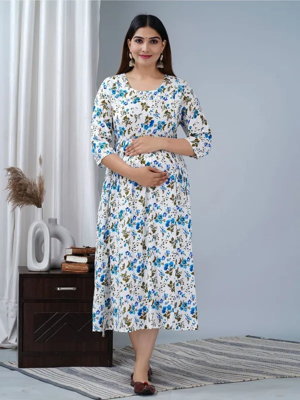 Blue_Cotton_Floral_Maternity_Gown_For_Women
