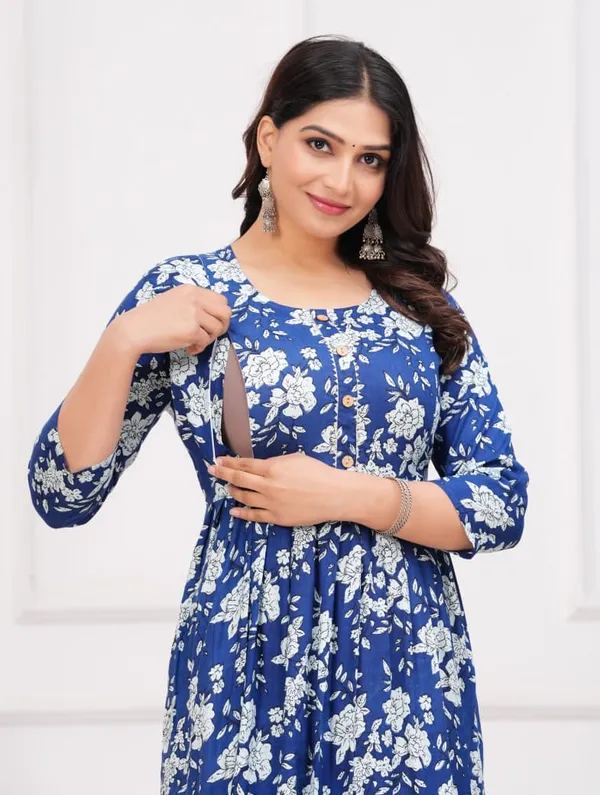 Blue_Cotton_Floral_Maternity_Gown_For_Women
