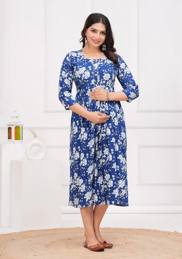 Blue_Cotton_Floral_Maternity_Gown_For_Women
