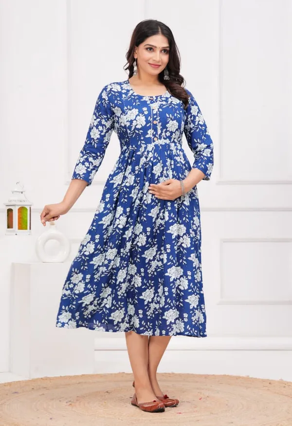 Blue_Cotton_Floral_Maternity_Gown_For_Women