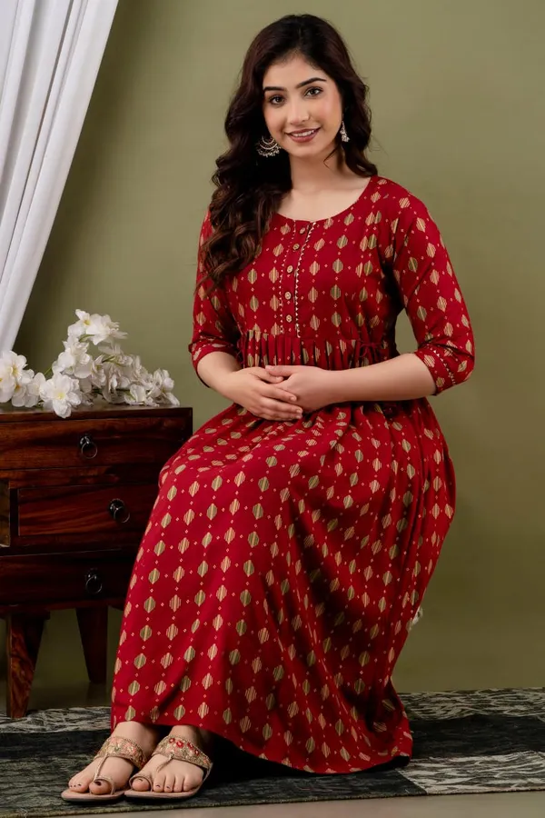 Maroon_Cotton_Floral_Maternity_Gown_For_Women