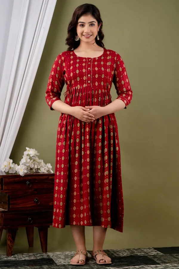 Maroon_Cotton_Floral_Maternity_Gown_For_Women
