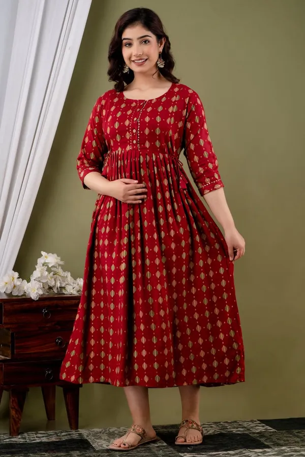 Maroon_Cotton_Floral_Maternity_Gown_For_Women