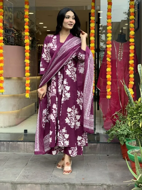 Wine_Cotton_Long_Kurta_With_Pant_Dupatta_Set_For_Women