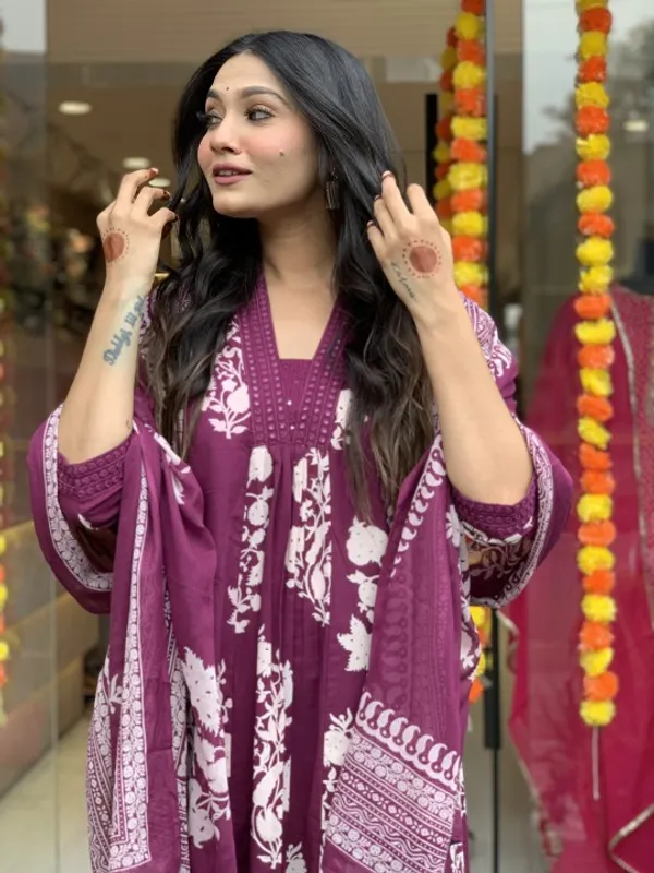 Wine_Cotton_Long_Kurta_With_Pant_Dupatta_Set_For_Women