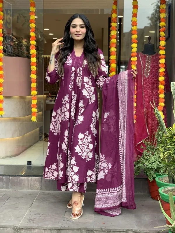 Wine_Cotton_Long_Kurta_With_Pant_Dupatta_Set_For_Women