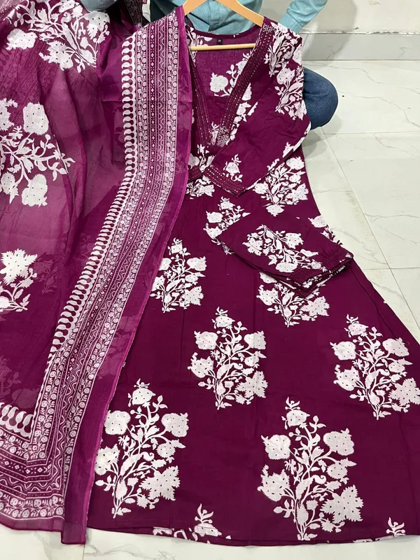 Wine_Cotton_Long_Kurta_With_Pant_Dupatta_Set_For_Women