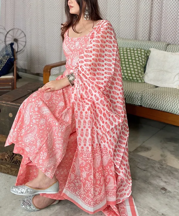 Peach_Cotton_A_Line_Sleeveless_Kurta_Palazzo_Dupatta_Set_For_Women