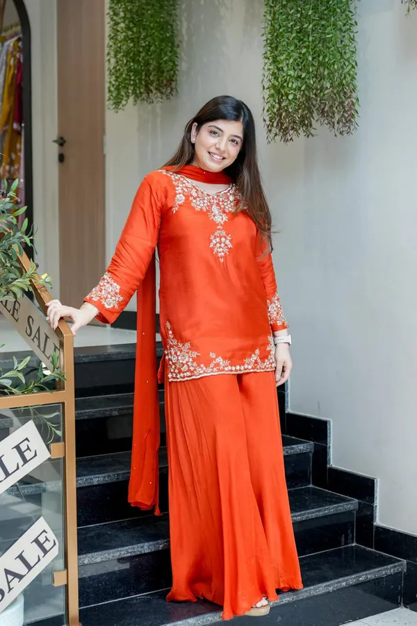 Orange_Chanderi_Handwork_Kurti_With_Palazzo_Dupatta_For_Women
