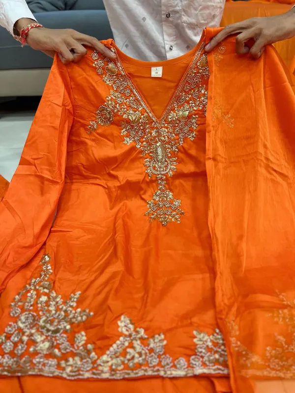 Orange_Chanderi_Handwork_Kurti_With_Palazzo_Dupatta_For_Women