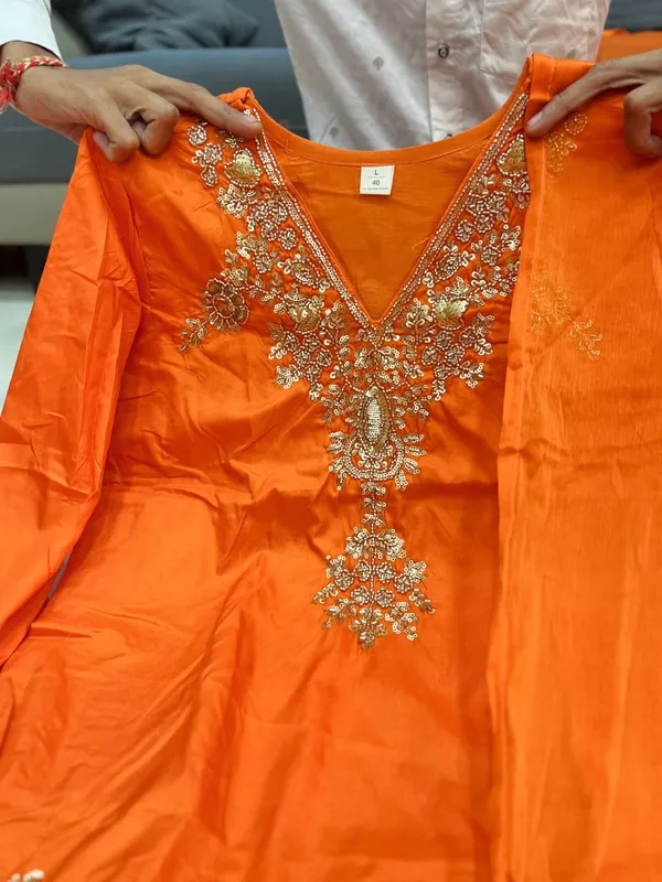Orange_Chanderi_Handwork_Kurti_With_Palazzo_Dupatta_For_Women
