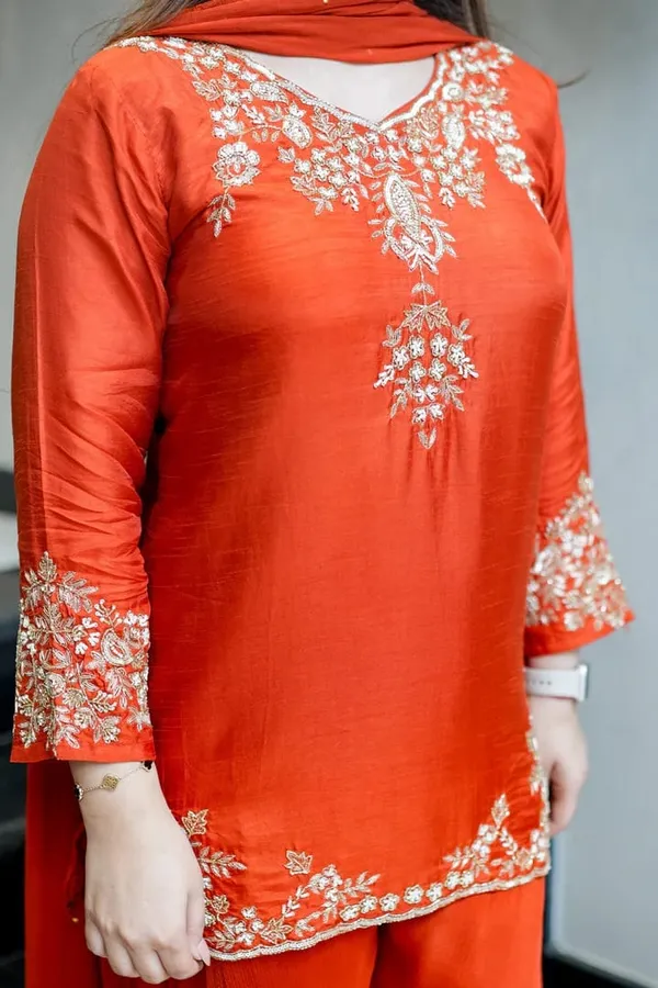 Orange_Chanderi_Handwork_Kurti_With_Palazzo_Dupatta_For_Women
