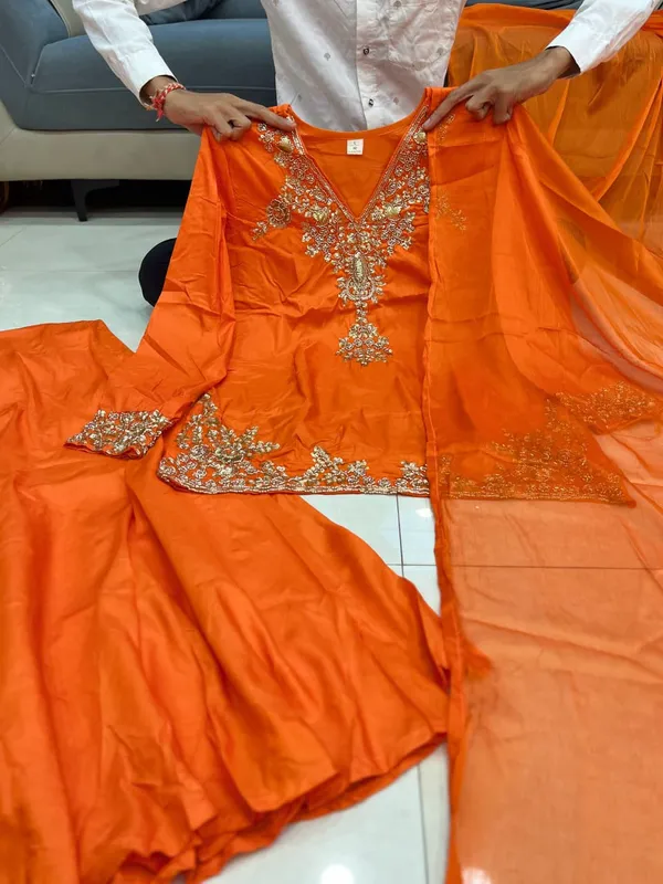 Orange_Chanderi_Handwork_Kurti_With_Palazzo_Dupatta_For_Women