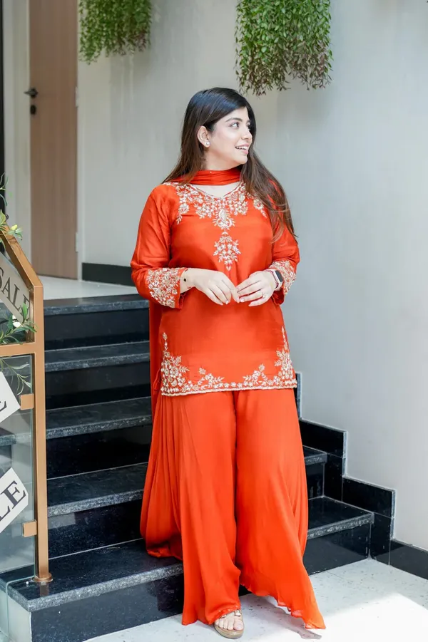 Orange_Chanderi_Handwork_Kurti_With_Palazzo_Dupatta_For_Women