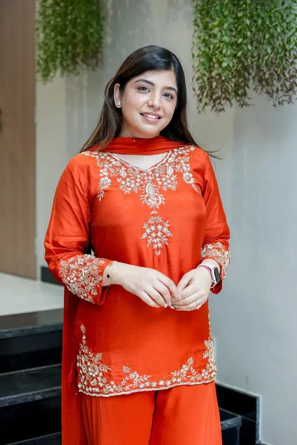 Orange_Chanderi_Handwork_Kurti_With_Palazzo_Dupatta_For_Women