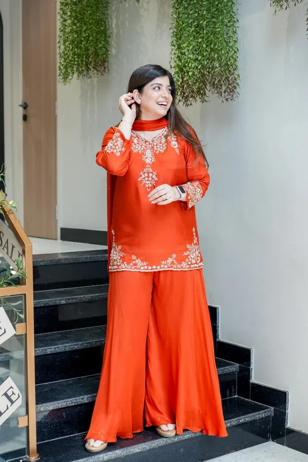 Orange_Chanderi_Handwork_Kurti_With_Palazzo_Dupatta_For_Women