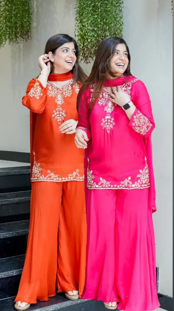 Orange_Chanderi_Handwork_Kurti_With_Palazzo_Dupatta_For_Women