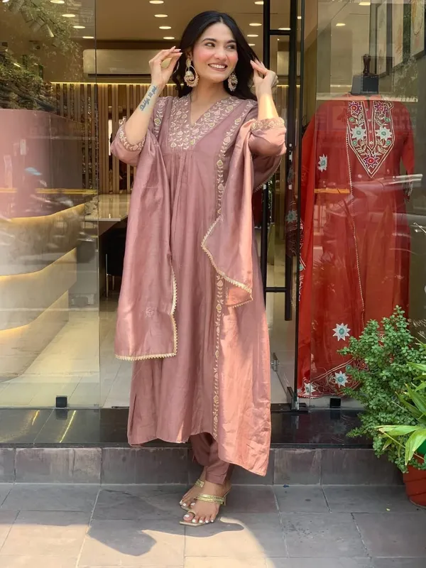 Pink_Mul_Chanderi_Embroidered_Anarkali_Kurti_Pant_Dupatta_Set_For_Women