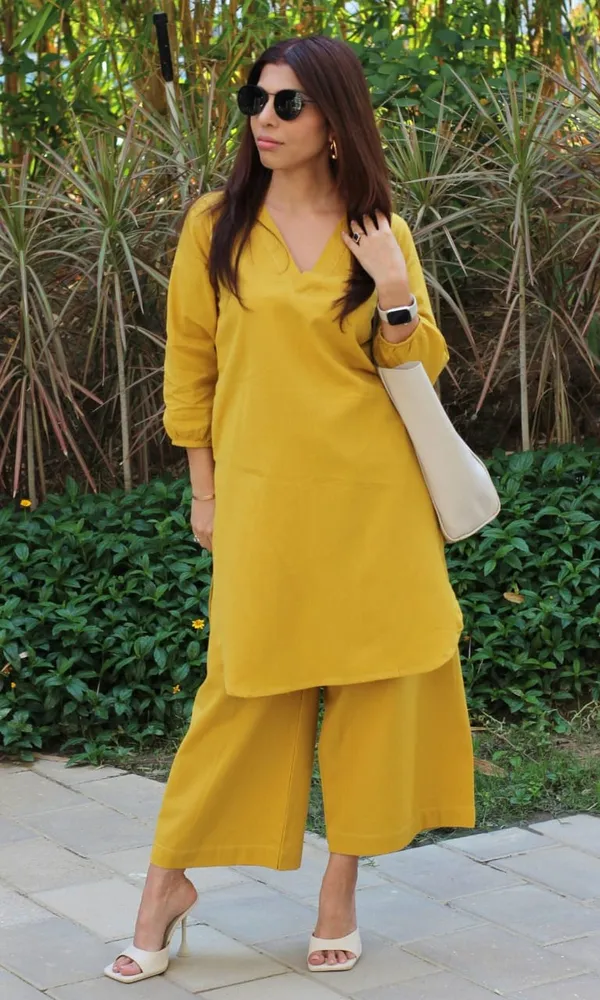 Mustard_Cotton_Slub_Straight_Fit_Kurti_With_Pant_For_Women