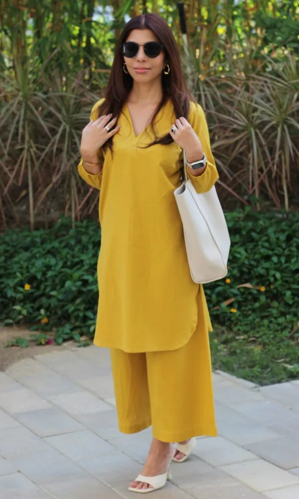 Mustard_Cotton_Slub_Straight_Fit_Kurti_With_Pant_For_Women
