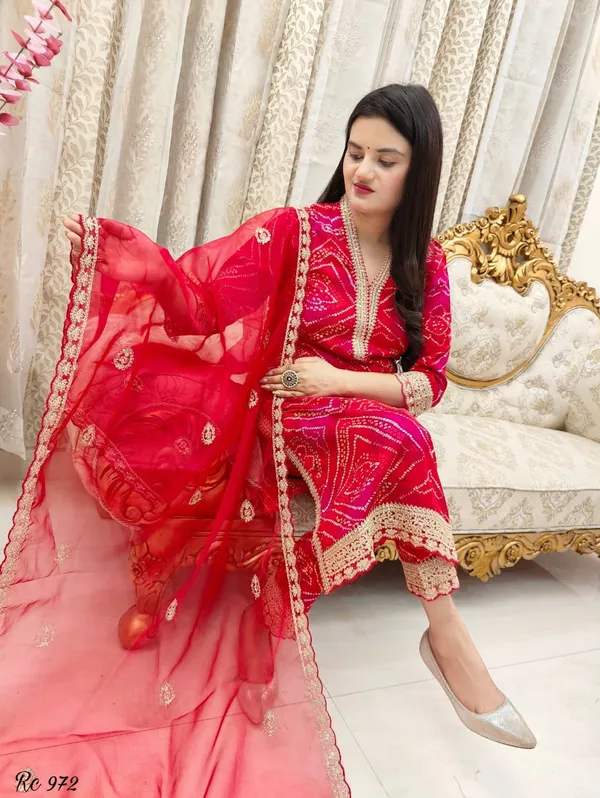 Red_Cotton_Bandhej_Printed_Kurta_Pant_Dupatta_Set_For_Women