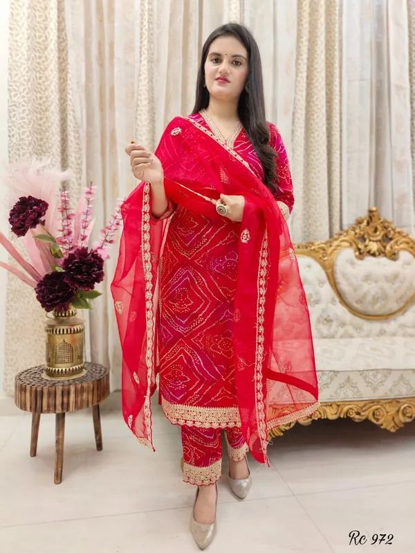 Red_Cotton_Bandhej_Printed_Kurta_Pant_Dupatta_Set_For_Women