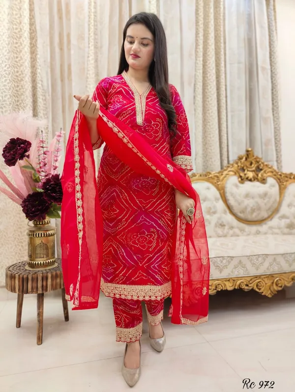 Red_Cotton_Bandhej_Printed_Kurta_Pant_Dupatta_Set_For_Women
