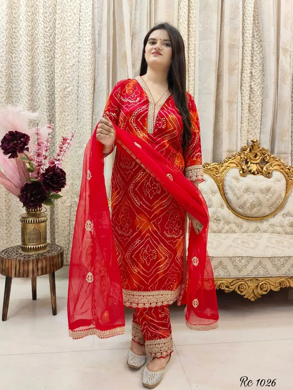 Red_Cotton_Bandhej_Printed_Kurta_Pant_Dupatta_Set_For_Women